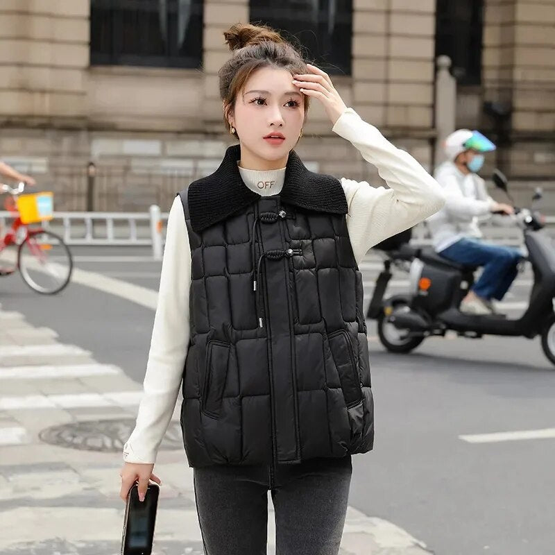 2024 New Fashion Winter Tank Top Collarless Short Sleeve Vest Coat Women Jacket Coats Female Waistcoat Outerwear Clothing Black