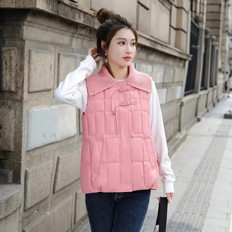 2024 New Fashion Winter Tank Top Collarless Short Sleeve Vest Coat Women Jacket Coats Female Waistcoat Outerwear Clothing Pink
