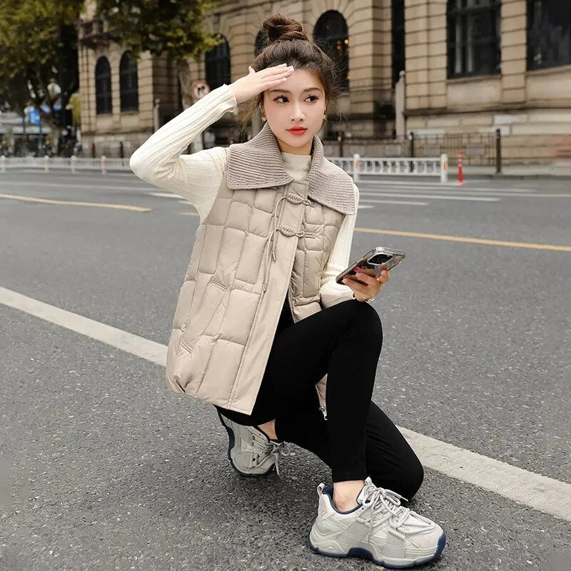 2024 New Fashion Winter Tank Top Collarless Short Sleeve Vest Coat Women Jacket Coats Female Waistcoat Outerwear Clothing Khaki
