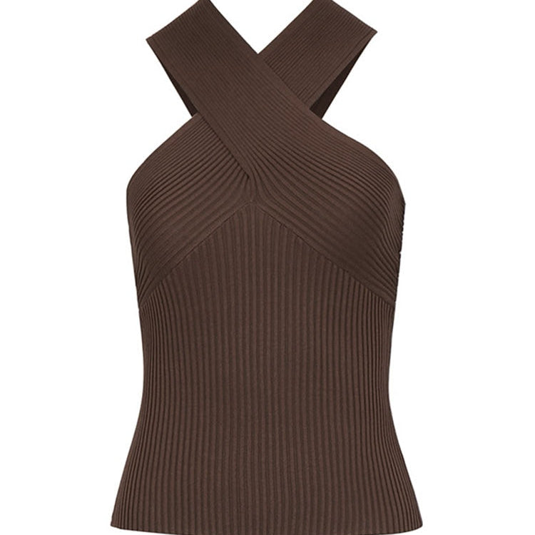 2024 New Fashion Women Summer Solid Vest Sleeveless Shirt Muje Knitted Tops Casual Blouses Y2K Crop Cami Top coffee