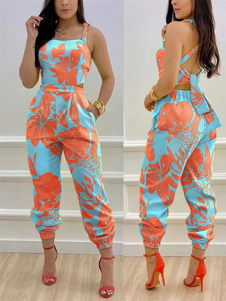 2024 New Floral Print Crisscross Tied Detail Backless Jumpsuit of One Fashion Casual Pieces for Women Free Ship ODL0775D