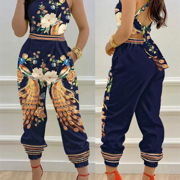 2024 New Floral Print Crisscross Tied Detail Backless Jumpsuit of One Fashion Casual Pieces for Women Free Ship