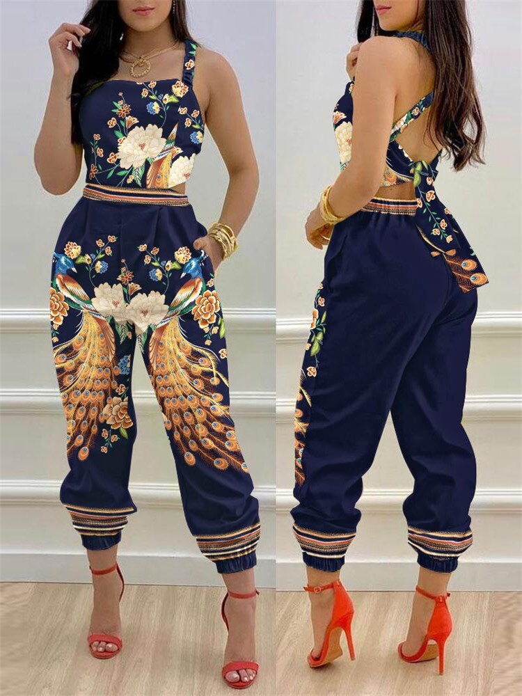 2024 New Floral Print Crisscross Tied Detail Backless Jumpsuit of One Fashion Casual Pieces for Women Free Ship