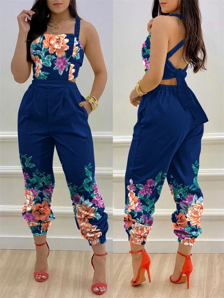 2024 New Floral Print Crisscross Tied Detail Backless Jumpsuit of One Fashion Casual Pieces for Women Free Ship