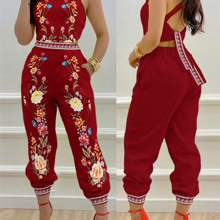 2024 New Floral Print Crisscross Tied Detail Backless Jumpsuit of One Fashion Casual Pieces for Women Free Ship ODL0775K