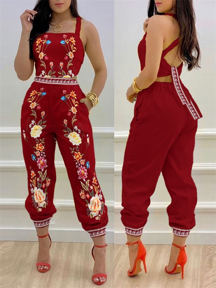 2024 New Floral Print Crisscross Tied Detail Backless Jumpsuit of One Fashion Casual Pieces for Women Free Ship