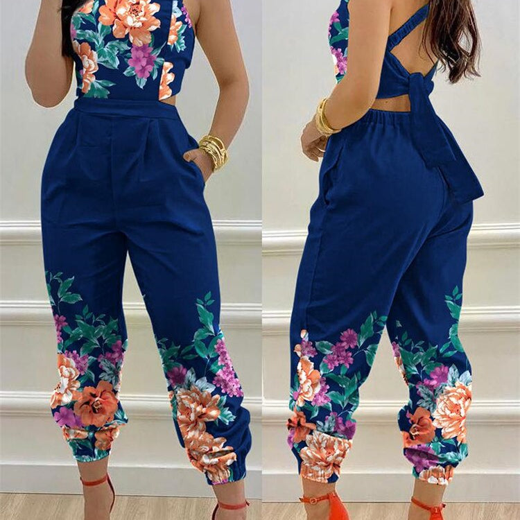 2024 New Floral Print Crisscross Tied Detail Backless Jumpsuit of One Fashion Casual Pieces for Women Free Ship ODL0775