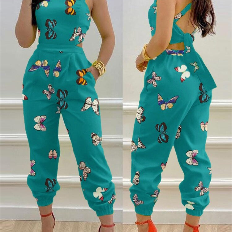 2024 New Floral Print Crisscross Tied Detail Backless Jumpsuit of One Fashion Casual Pieces for Women Free Ship ODL0775J
