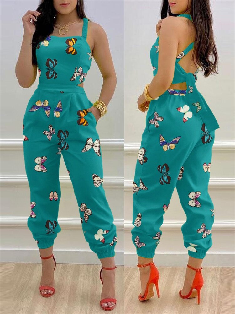 2024 New Floral Print Crisscross Tied Detail Backless Jumpsuit of One Fashion Casual Pieces for Women Free Ship ODL0775J