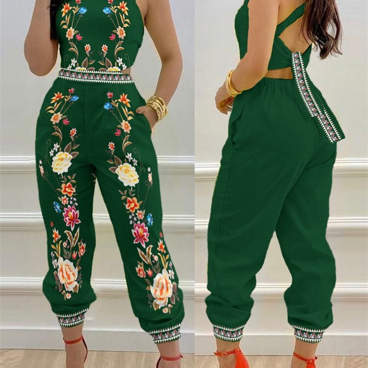 2024 New Floral Print Crisscross Tied Detail Backless Jumpsuit of One Fashion Casual Pieces for Women Free Ship ODL0775F