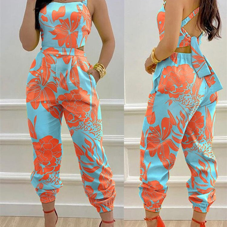 2024 New Floral Print Crisscross Tied Detail Backless Jumpsuit of One Fashion Casual Pieces for Women Free Ship