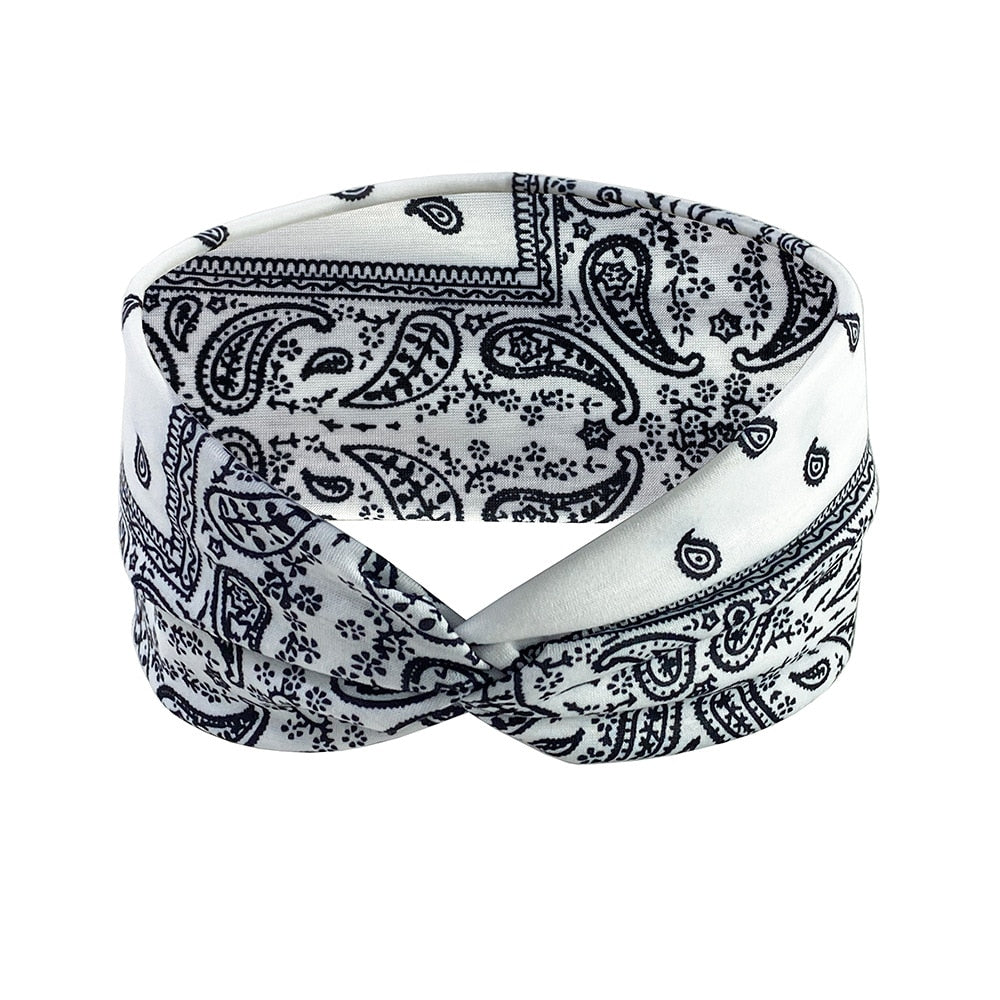 2024 New Headband Woman Bohemian Wide Cotton Stretch Bandana Girls Festival Flower Print Hair Accessories Summer Accessories White