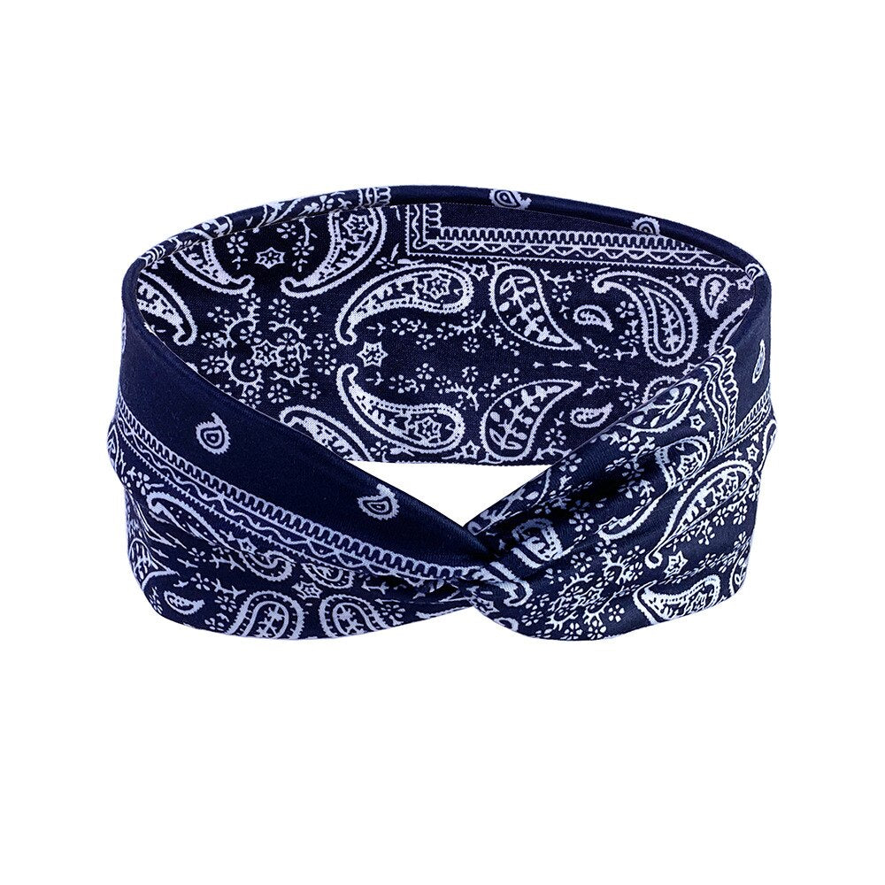 2024 New Headband Woman Bohemian Wide Cotton Stretch Bandana Girls Festival Flower Print Hair Accessories Summer Accessories Navy blue
