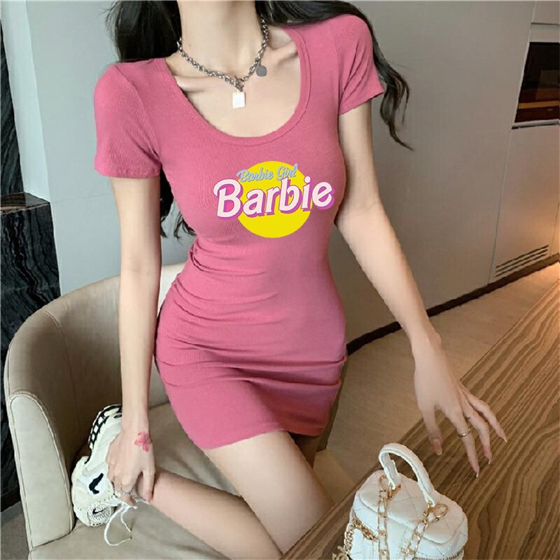 2024 New Kawaii Barbie Ladies Slim Dress Fashion Sexy Girls Sport Short Sleeve Skirt Anime Summer Pink Waist Slimming Cloth Gift 6 one size