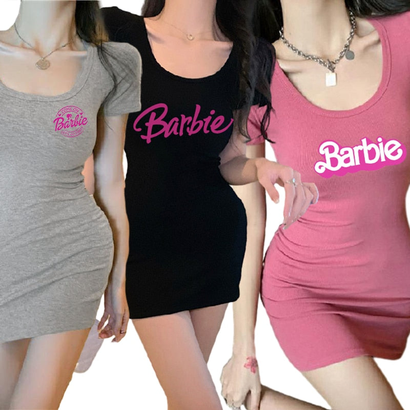 2024 New Kawaii Barbie Ladies Slim Dress Fashion Sexy Girls Sport Short Sleeve Skirt Anime Summer Pink Waist Slimming Cloth Gift AMAIO