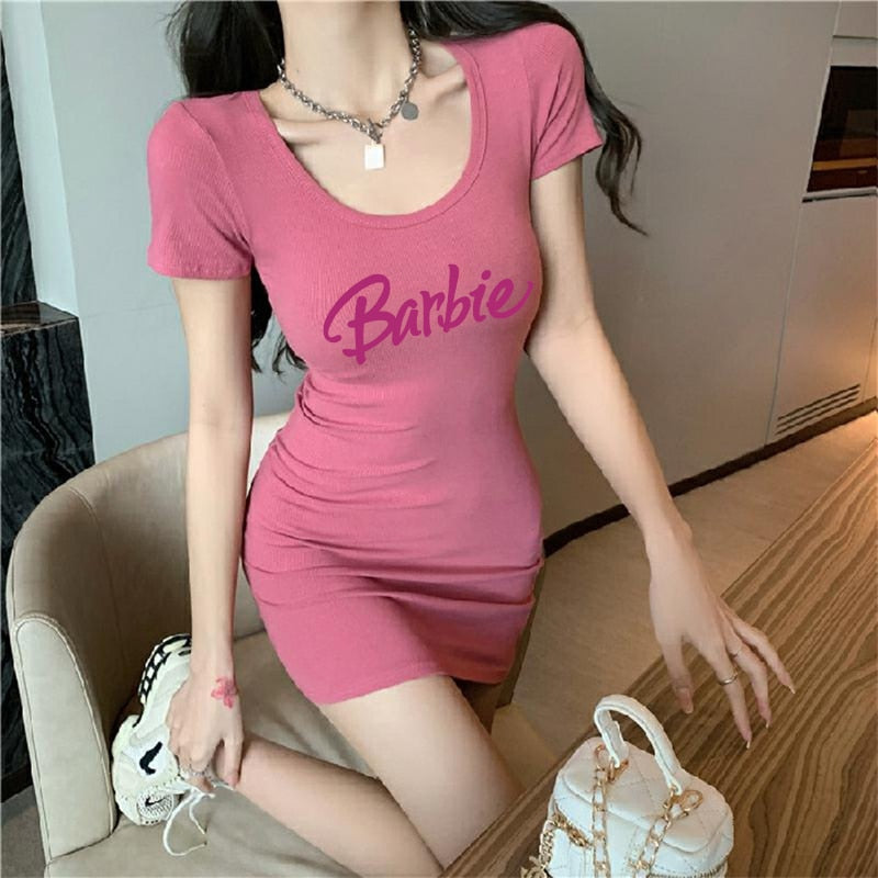 2024 New Kawaii Barbie Ladies Slim Dress Fashion Sexy Girls Sport Short Sleeve Skirt Anime Summer Pink Waist Slimming Cloth Gift 12 one size