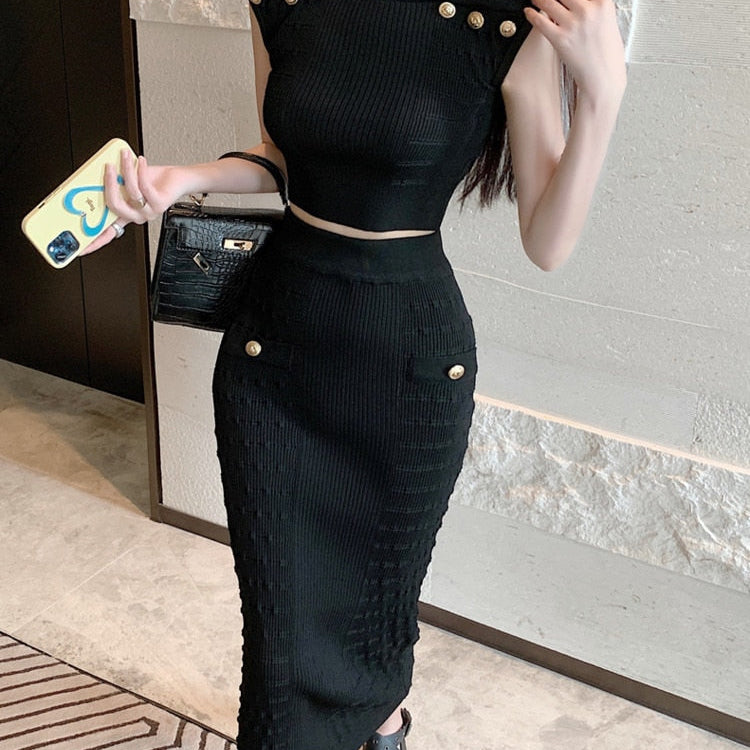 2024 New Knitted Two Piece Set For Women Sexy Crop Top + Bodycon Long Skirt Suits Beach Holiday Summer 2 Piece Sets Women Outfit Black One Size