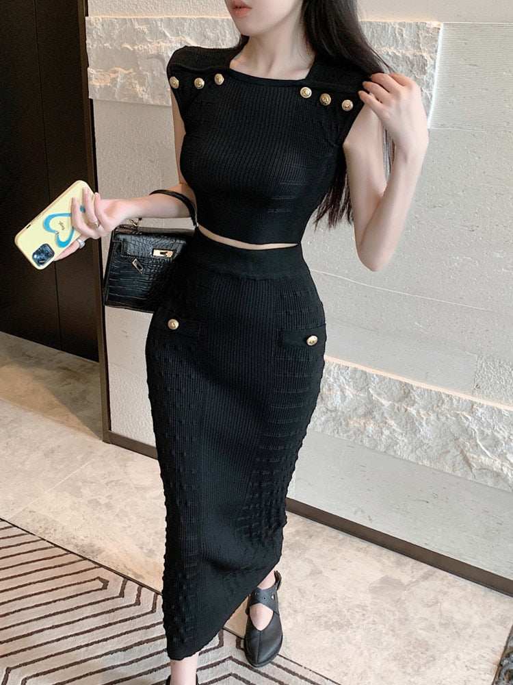2024 New Knitted Two Piece Set For Women Sexy Crop Top + Bodycon Long Skirt Suits Beach Holiday Summer 2 Piece Sets Women Outfit Black One Size