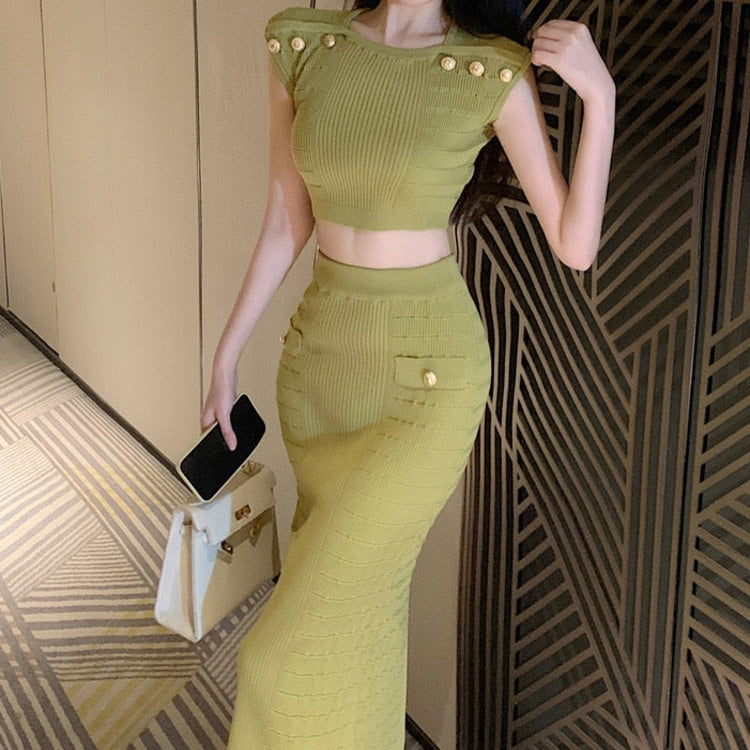 2024 New Knitted Two Piece Set For Women Sexy Crop Top + Bodycon Long Skirt Suits Beach Holiday Summer 2 Piece Sets Women Outfit Green One Size