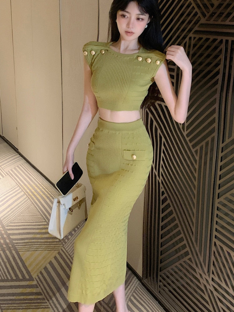 2024 New Knitted Two Piece Set For Women Sexy Crop Top + Bodycon Long Skirt Suits Beach Holiday Summer 2 Piece Sets Women Outfit Green One Size