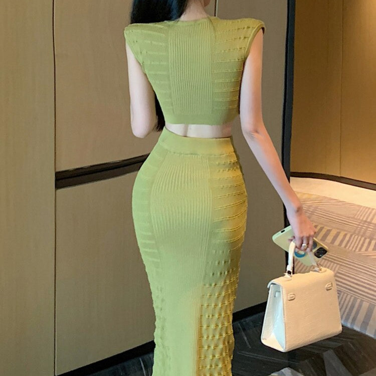 2024 New Knitted Two Piece Set For Women Sexy Crop Top + Bodycon Long Skirt Suits Beach Holiday Summer 2 Piece Sets Women Outfit