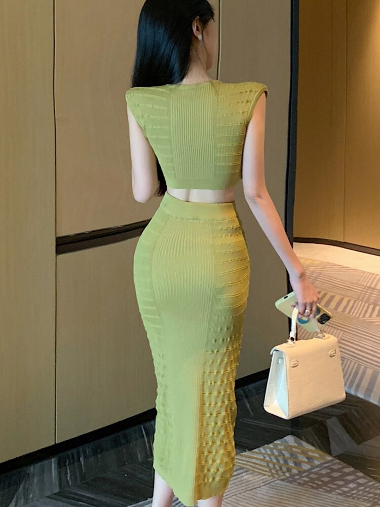 2024 New Knitted Two Piece Set For Women Sexy Crop Top + Bodycon Long Skirt Suits Beach Holiday Summer 2 Piece Sets Women Outfit