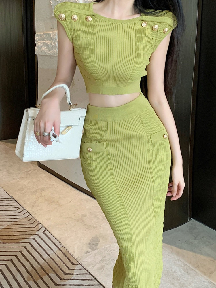 2024 New Knitted Two Piece Set For Women Sexy Crop Top + Bodycon Long Skirt Suits Beach Holiday Summer 2 Piece Sets Women Outfit