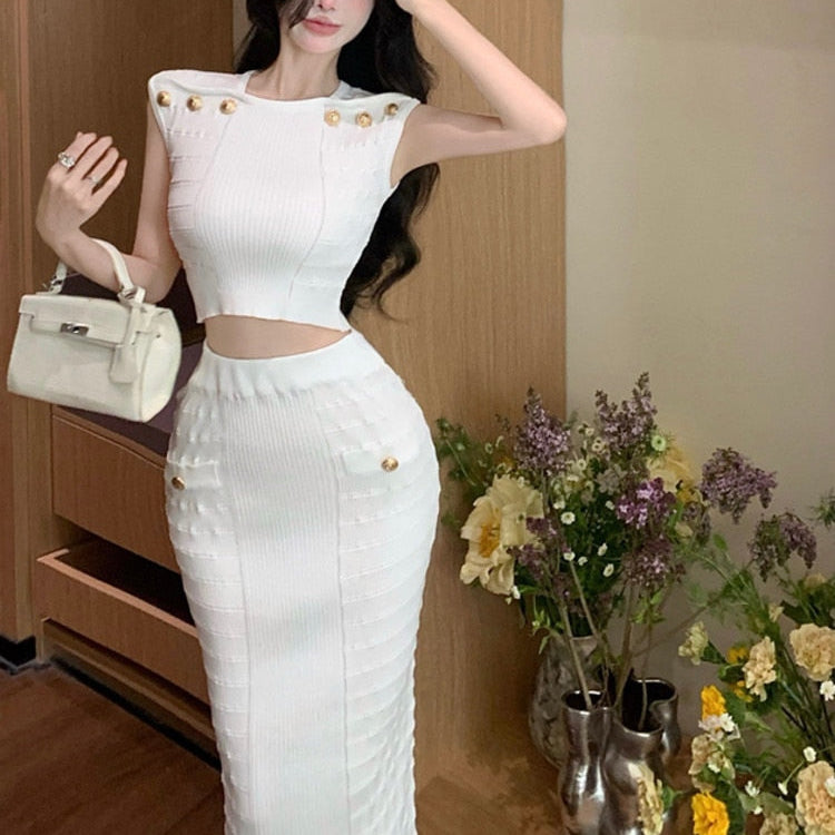 2024 New Knitted Two Piece Set For Women Sexy Crop Top + Bodycon Long Skirt Suits Beach Holiday Summer 2 Piece Sets Women Outfit AMAIO