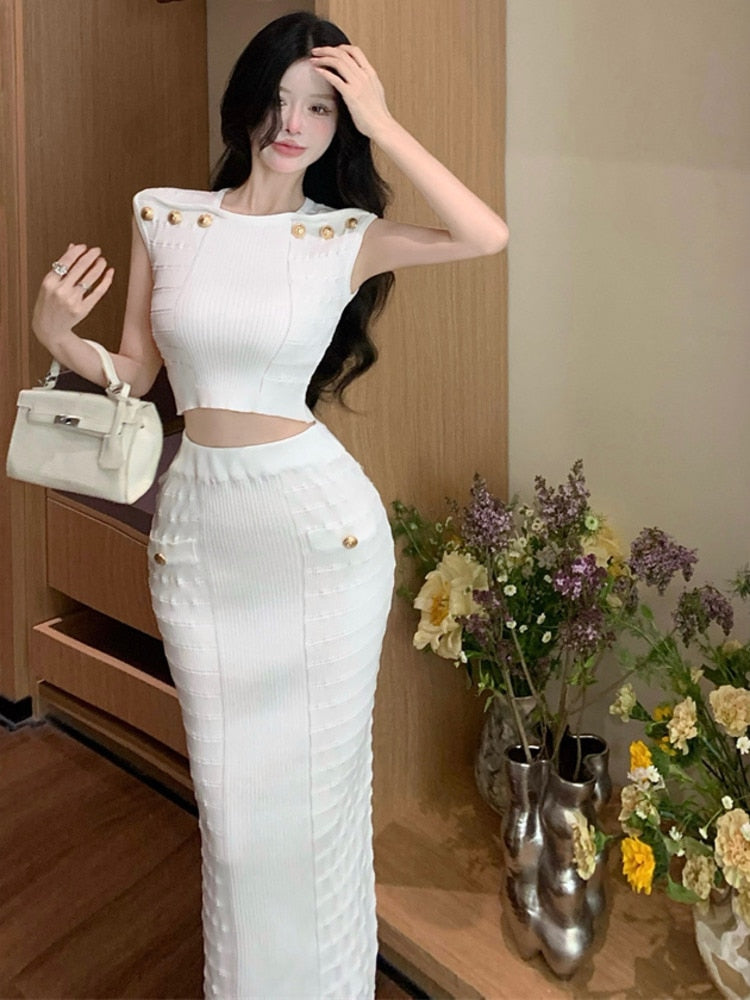 2024 New Knitted Two Piece Set For Women Sexy Crop Top + Bodycon Long Skirt Suits Beach Holiday Summer 2 Piece Sets Women Outfit White One Size
