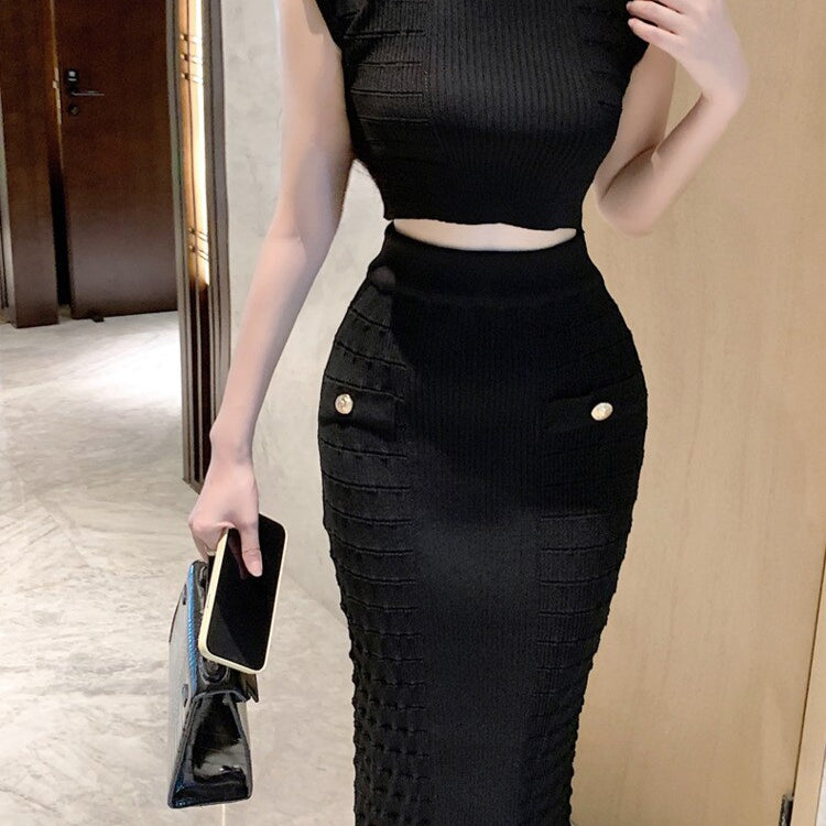 2024 New Knitted Two Piece Set For Women Sexy Crop Top + Bodycon Long Skirt Suits Beach Holiday Summer 2 Piece Sets Women Outfit