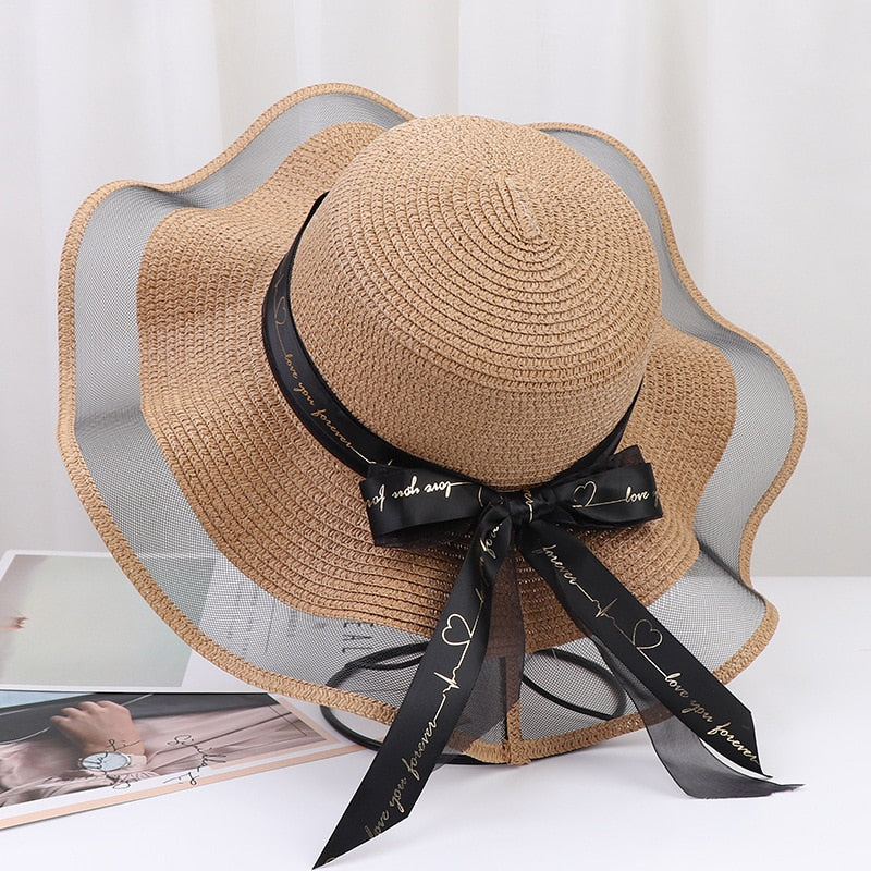 2024 New Korean Style Woman Straw Hat Bow Ribbon Large Brim Sunshade Ins Outing Fashion Beach Holiday ladies sun Hat Khaki 57 cm