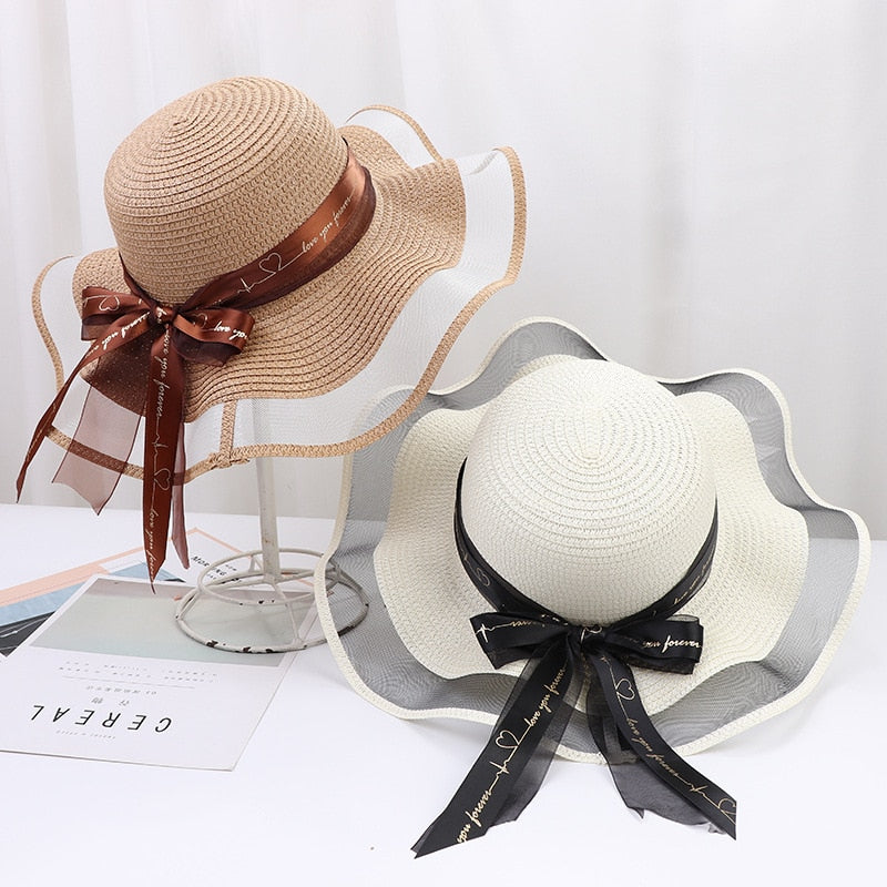 2024 New Korean Style Woman Straw Hat Bow Ribbon Large Brim Sunshade Ins Outing Fashion Beach Holiday ladies sun Hat AMAIO