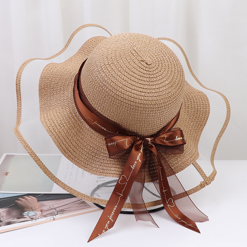 2024 New Korean Style Woman Straw Hat Bow Ribbon Large Brim Sunshade Ins Outing Fashion Beach Holiday ladies sun Hat khaki-01 57 cm
