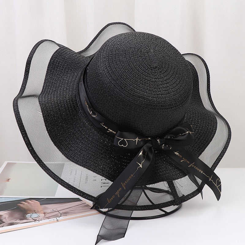 2024 New Korean Style Woman Straw Hat Bow Ribbon Large Brim Sunshade Ins Outing Fashion Beach Holiday ladies sun Hat Black 57 cm
