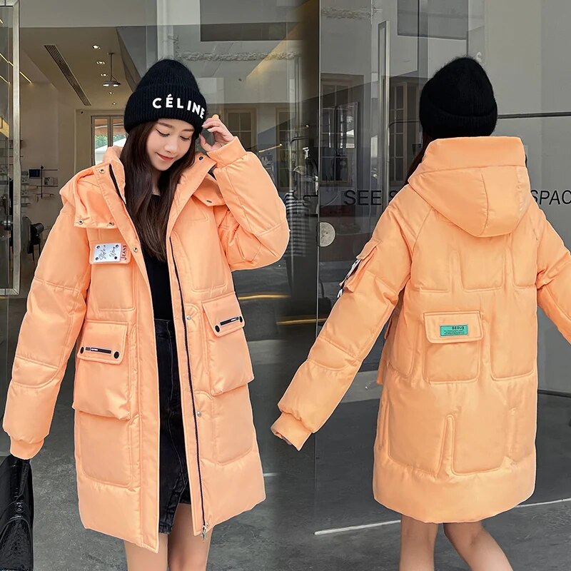 2024 New Loose Cotton Padded Coats Women Winter Hooded Parkas Thick Warm Wadded Jackets Lady Klein Blue White Green Outerwear Orange