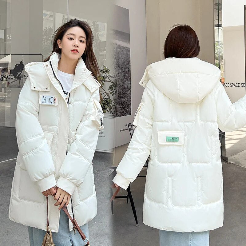 2024 New Loose Cotton Padded Coats Women Winter Hooded Parkas Thick Warm Wadded Jackets Lady Klein Blue White Green Outerwear Ivory