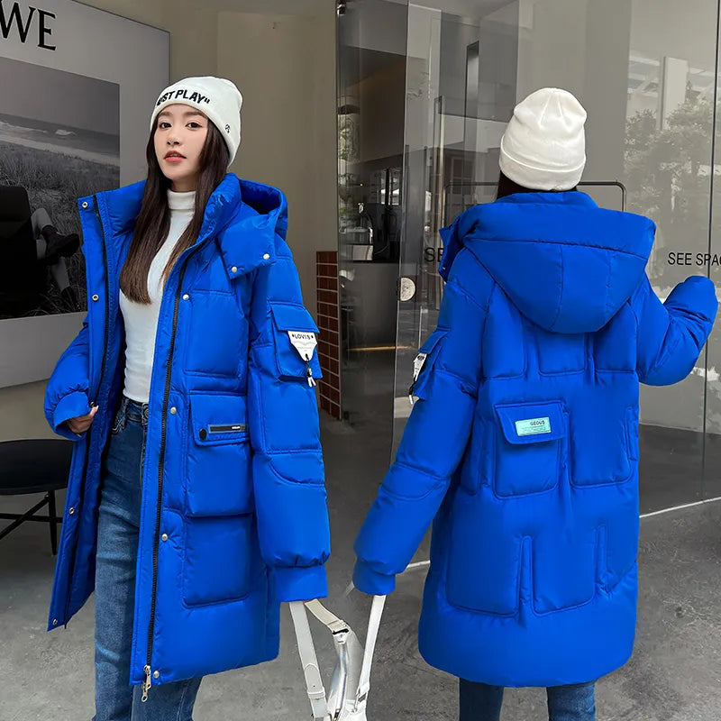2024 New Loose Cotton Padded Coats Women Winter Hooded Parkas Thick Warm Wadded Jackets Lady Klein Blue White Green Outerwear