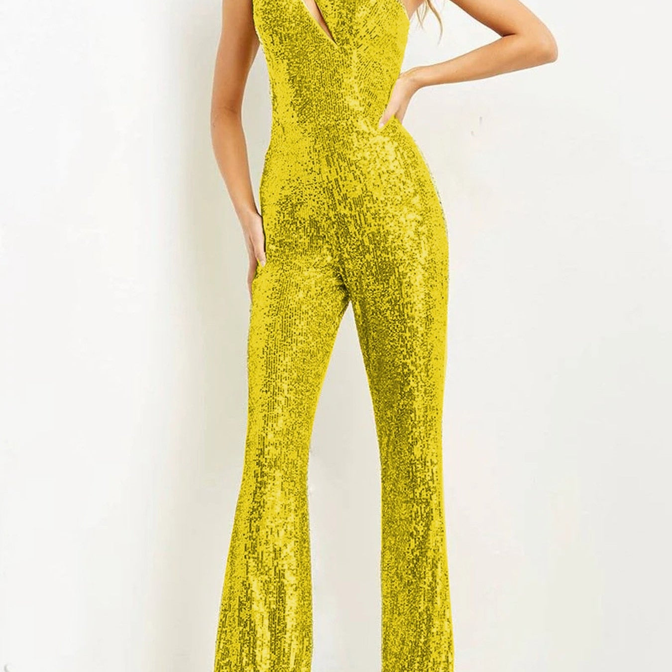 2024 New Luxury Jumpsuit Women Golden One Shoulder Sleeveless Flare Pant Overalls Elegant Prom Party Evening Long Jumpsuits