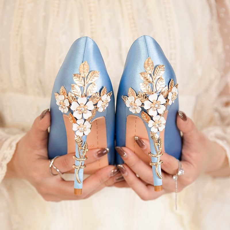 2024 New Metal Flower Women Pumps Designer Shoes High Heels Women Satin Stiletto Heels 10 Cm Sexy Wedding Shoes Plus Size 41 blue-10cm