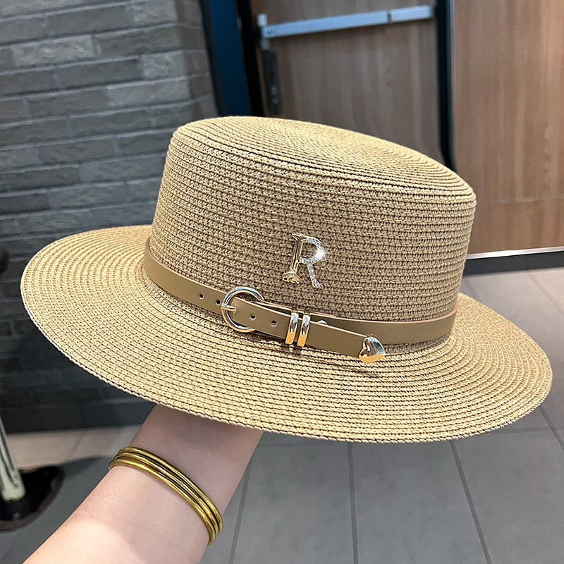 2024 New Metal R Letter Buckle Straw Hat Leisure Summer Sunscreen Hat Women's Fashionable Beach Hat Vintage Hat Church Hats Khaki One Size