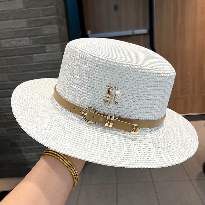 2024 New Metal R Letter Buckle Straw Hat Leisure Summer Sunscreen Hat Women's Fashionable Beach Hat Vintage Hat Church Hats White One Size