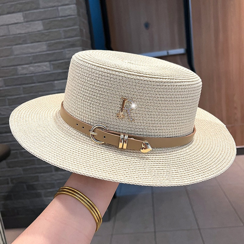 2024 New Metal R Letter Buckle Straw Hat Leisure Summer Sunscreen Hat Women's Fashionable Beach Hat Vintage Hat Church Hats Beige One Size