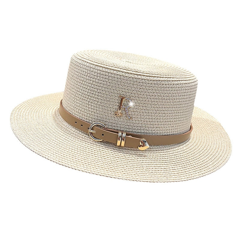 2024 New Metal R Letter Buckle Straw Hat Leisure Summer Sunscreen Hat Women's Fashionable Beach Hat Vintage Hat Church Hats