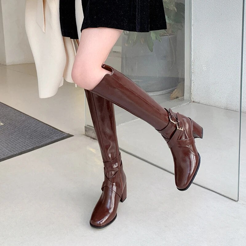 2024 New Popular Knee High Boots Zipper Genuine Leather Winter Boots Woman Ladies Thick High Heels Shoes
