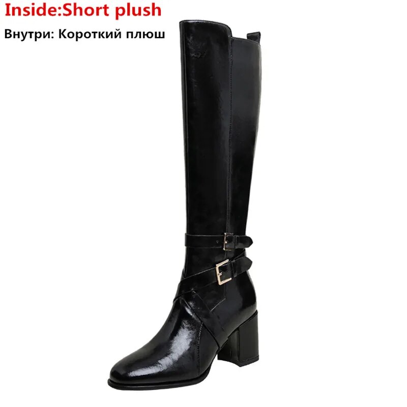 2024 New Popular Knee High Boots Zipper Genuine Leather Winter Boots Woman Ladies Thick High Heels Shoes black with fur