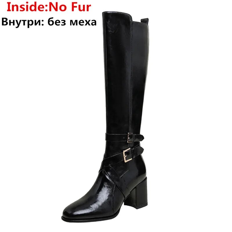 2024 New Popular Knee High Boots Zipper Genuine Leather Winter Boots Woman Ladies Thick High Heels Shoes black no fur