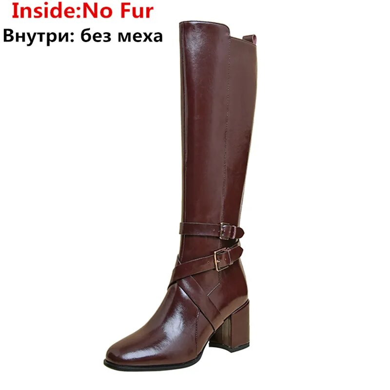 2024 New Popular Knee High Boots Zipper Genuine Leather Winter Boots Woman Ladies Thick High Heels Shoes wine red no fur
