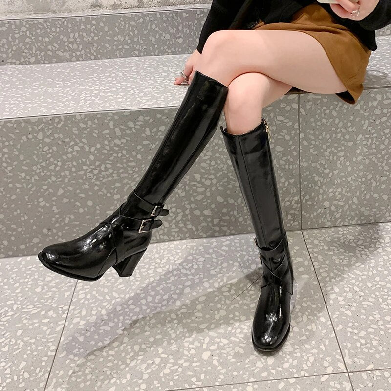 2024 New Popular Knee High Boots Zipper Genuine Leather Winter Boots Woman Ladies Thick High Heels Shoes