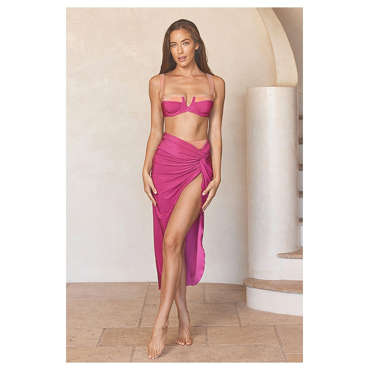 2024 New Retro Sling Color Block Bikini Swimsuit and Sarong Summer Swimwear Women Beachwear Bathing Suit