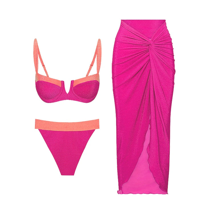 2024 New Retro Sling Color Block Bikini Swimsuit and Sarong Summer Swimwear Women Beachwear Bathing Suit AMAIO